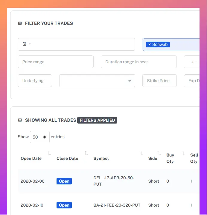 histórico de trades